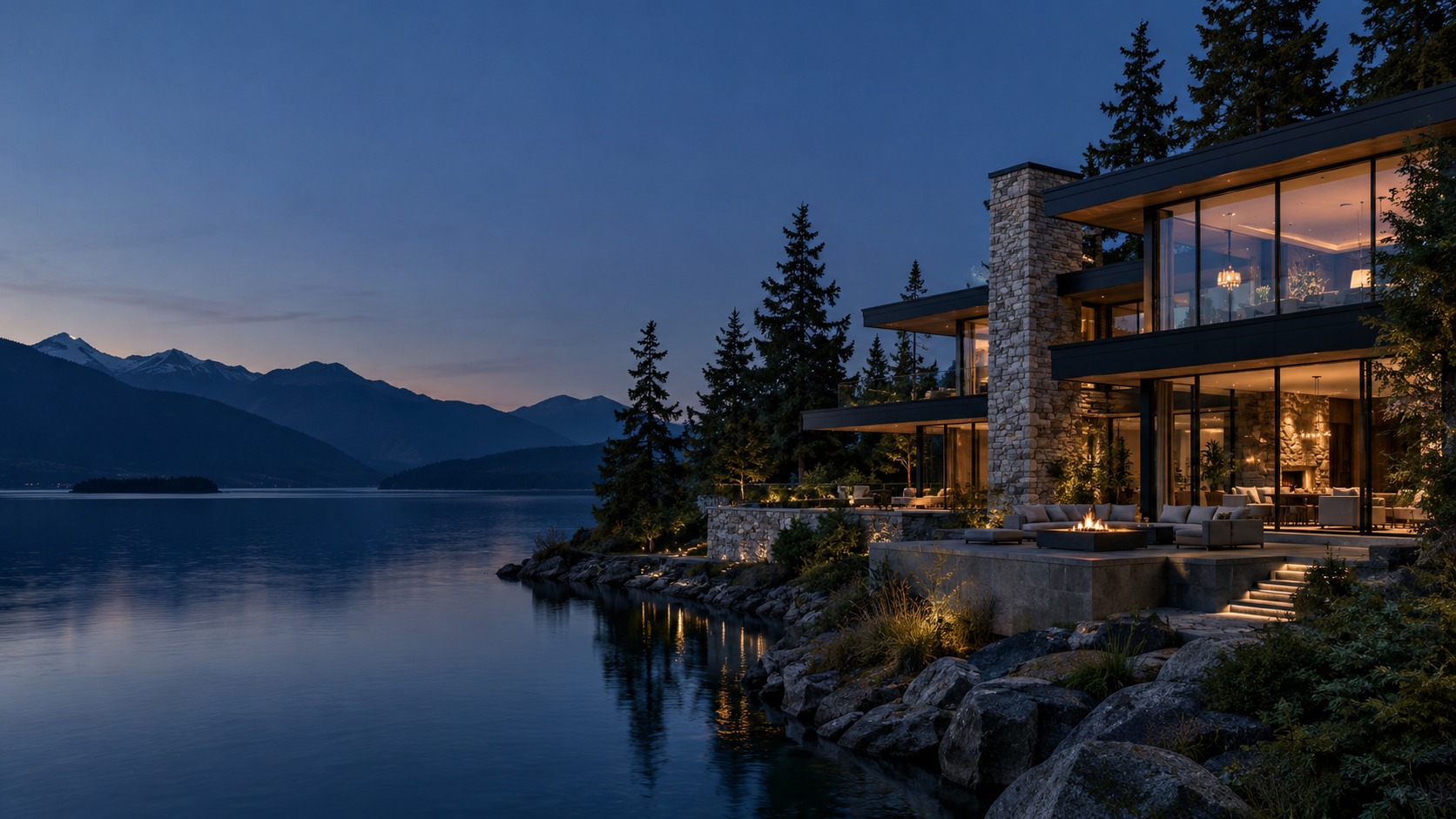 Illustrative contemporary Northwest waterfront residence at blue hour